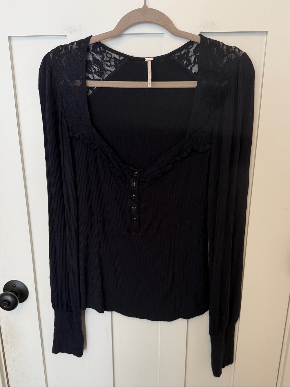 Free People Size Navy Large Ribbed Lace Blouse Blue Long Sleeve Viscose Spandex